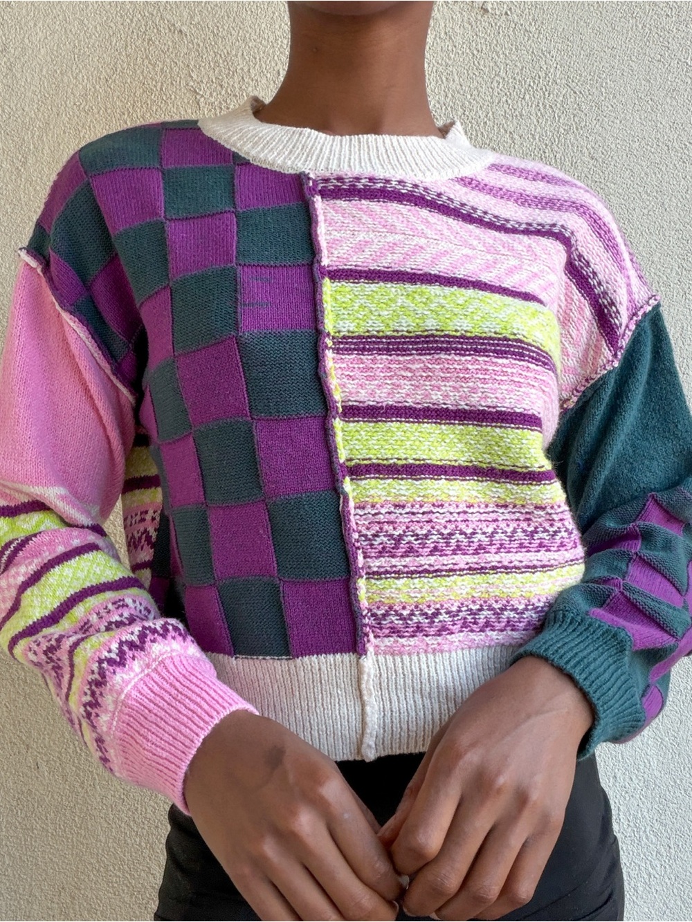 bp Patchwork Crewneck Sweater in Pink, Purple & Green